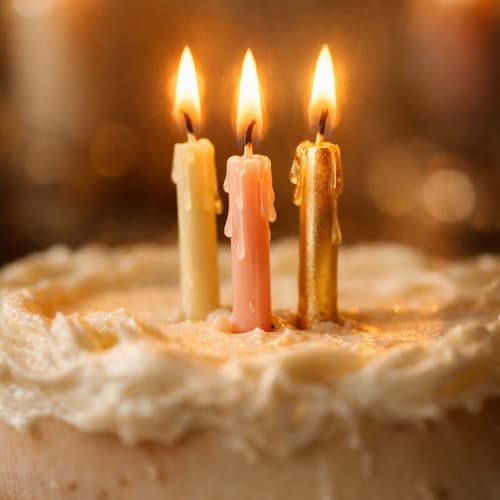 An image of a cake with white frosting with 3 candles on top