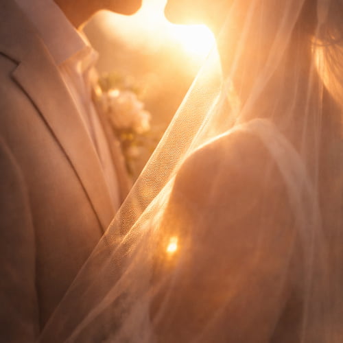 A groom and bride standing against each other in front of sun.